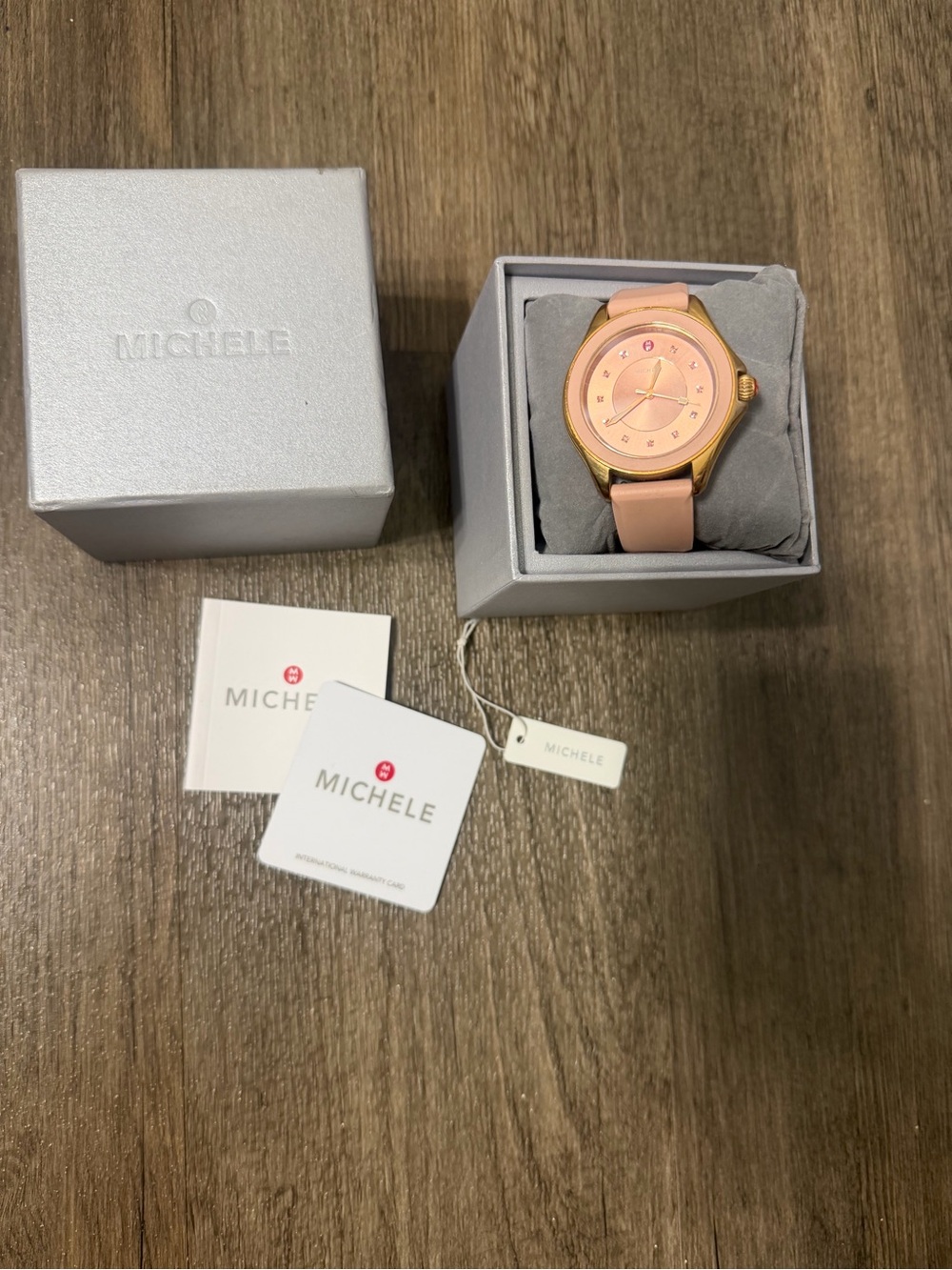 Michele Pink Leather Strap Watch with Rose Gold Case